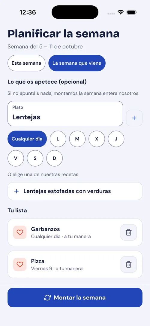 Pantalla Planificar la semana con la lista de lo que os apetece: garbanzos y pizza el viernes