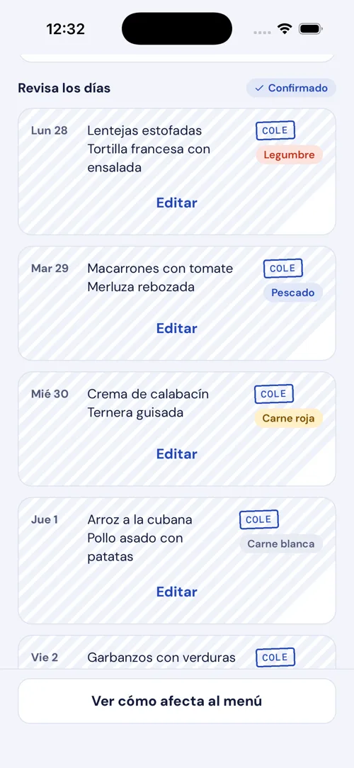 Pantalla Menú del cole con los platos de cada día leídos del PDF del comedor, confirmados y con su grupo de alimento