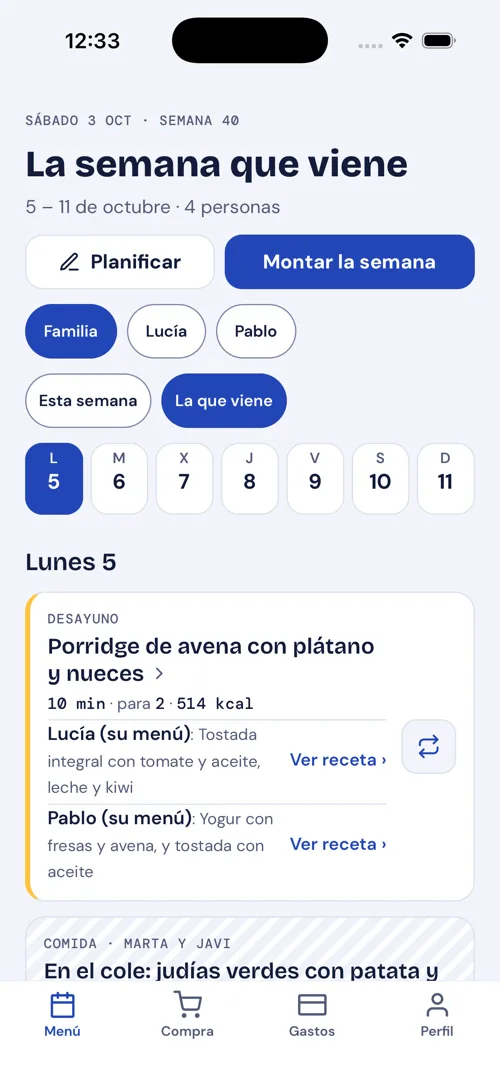 Vista Familia del menú con el plato de quien tiene menú propio dentro de cada comida