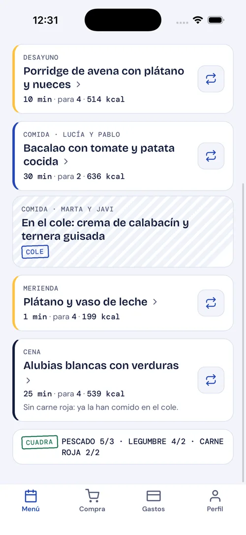 Pantalla Mi menú de Hoy toca con la comida del cole marcada y la cena de casa que cuadra